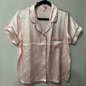 Juicy Couture Light Pink Black Trim Button Down Pocket Satin Sleepwear Shirt Top